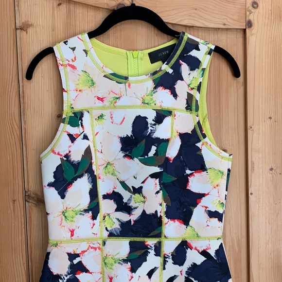 J Crew Neon Lime Acid 🥝 Green Trim Flower Floral Scuba Dress Blue Pink Ivory 🌴 - Picture 5 of 16